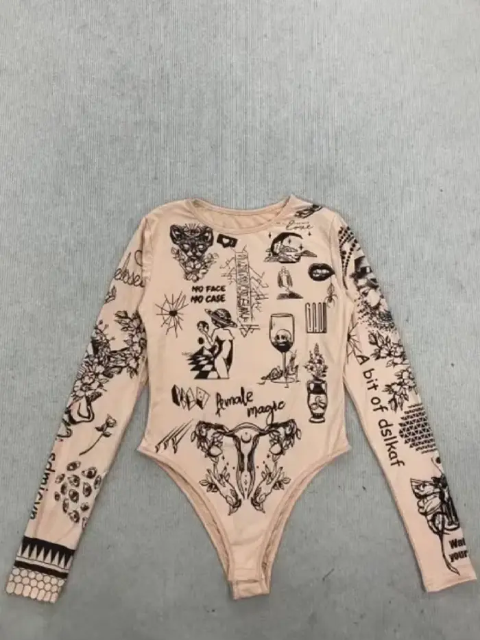 body Dlouhý rukáv potisk Tattoo Nude pro ženy, Y2K Fit