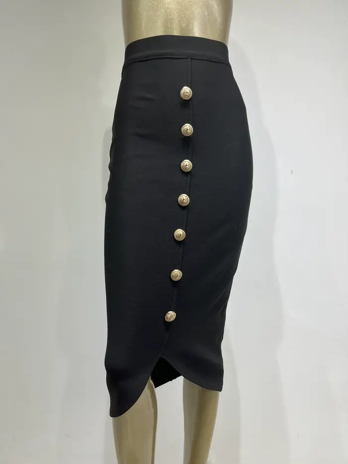 Jupe mi-longue noire à bandes pour femmes, moulante, de styliste, taille haute, fête, bureau, élégan