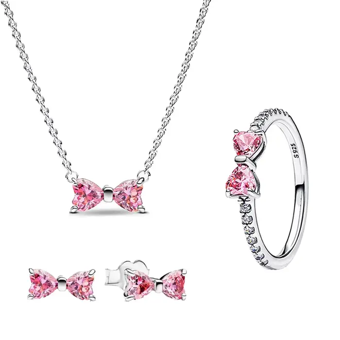 Nouveau Original 925 en argent Sterling coloré arc ensemble collier bague boucle d'oreille brillant