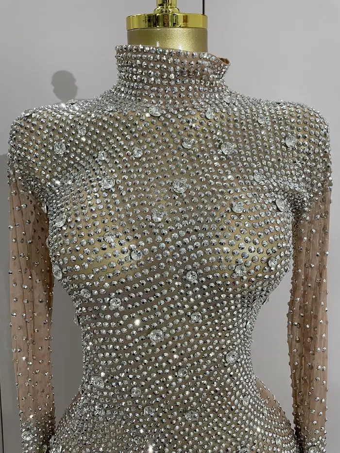 Gants à manches longues avec strass scintillants, body extensible pour femmes, soirée de luxe, fête 