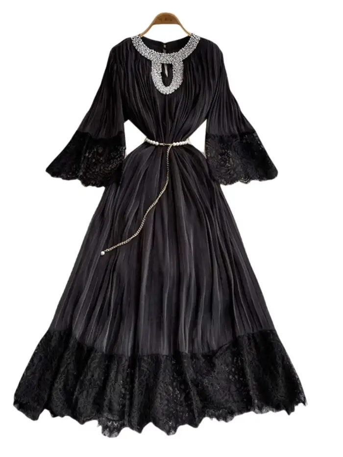 Robe Longue Plissée en Mousseline de Soie pour Femme, Luxueuse, Élégante, Perles de Clip, Ceinture, 