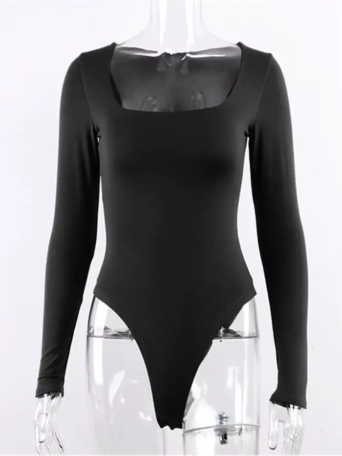 Dámské body s dlouhým rukávem, streetwear, přímé doručení, Sexy, těsný, čtvercový krk, pochva, rozkrok, základní černé kombinézy, top