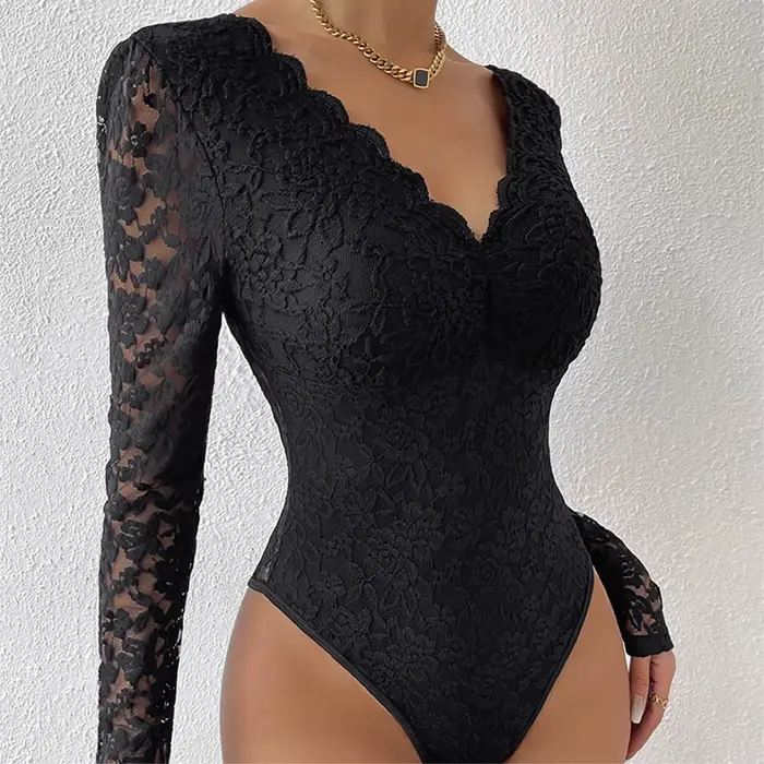 Body en dentelle sexy pour femme, body transparent en maille à manches longues et col en V, body gainant tendance 2026 coupe ajustée
