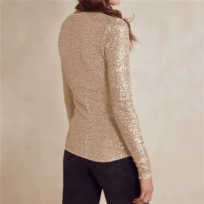 Haut court à manches longues pailletées pour femmes, col rond, paillettes brillantes, t-shirt de soi