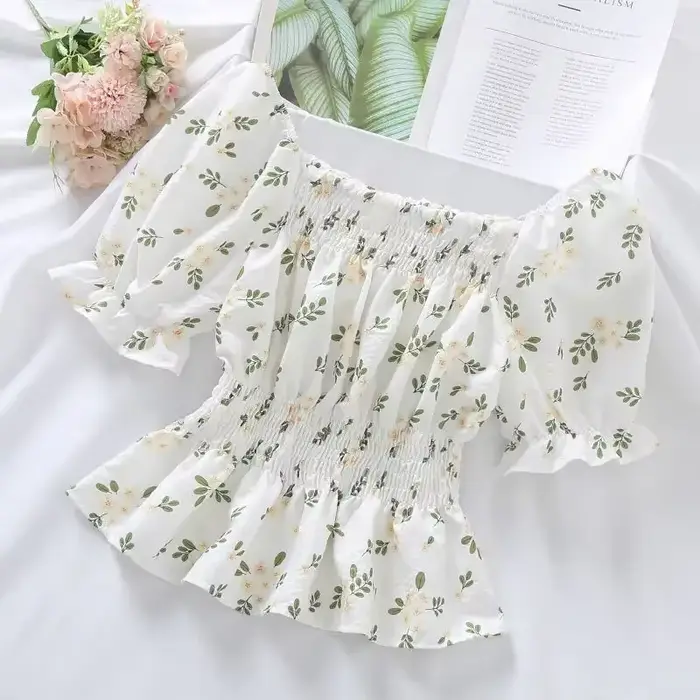 Chemisier court en mousseline de soie pour femme, haut court, design plissé à bord agarique, taille 
