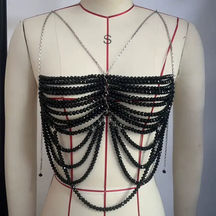 Style européen noir multicouche perlé hauts de soutien-gorge chaîne de corps Camis boîte de nuit Costume de danse Sexy dos nu poitrine corps chaîne hauts