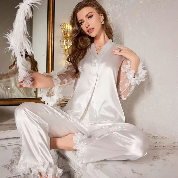 Pyjama en Satin pour femmes, broderie papillon, maille, manches longues, ensemble élégant, col en v, haut et pantalon, vêtements de nuit