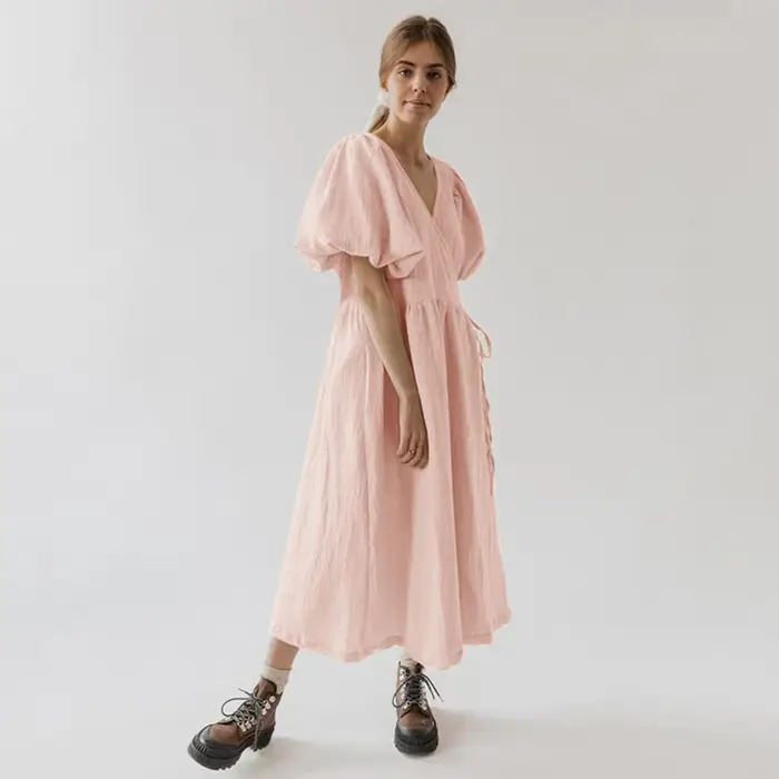 Robe longue vintage à manches bouffantes pour femme, mousseline, pansement, gaze, col en V, bandage,