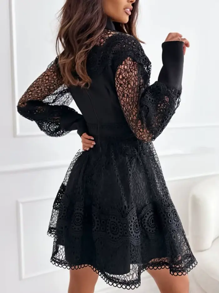 Mini robe à col rond pour femmes, couleur unie, vêtements de détente, mode, ajouré, manches lanterne