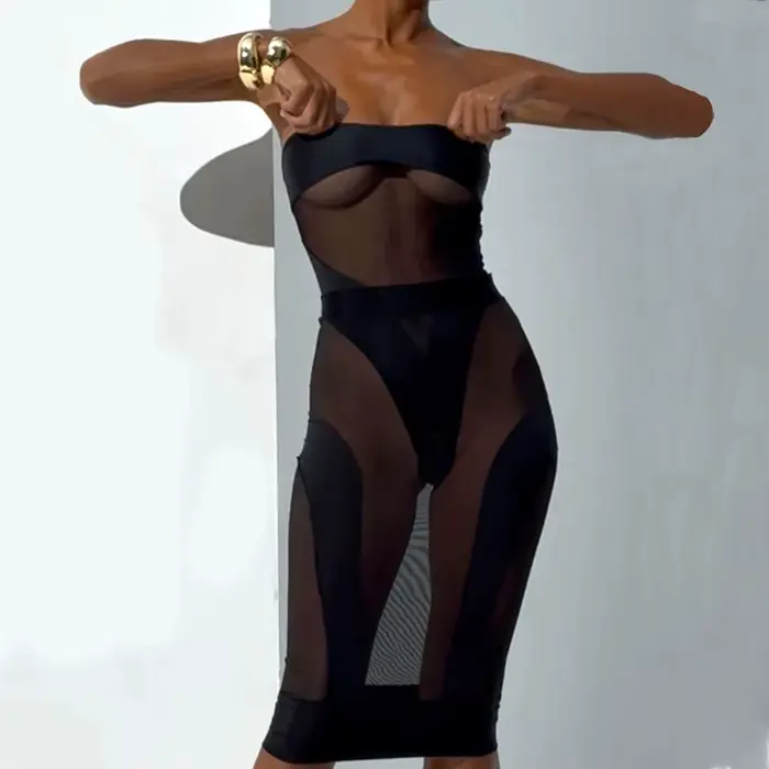 Lingerie exotique sexy, body en maille transparente, jupe longue sans bretelles, ensemble 2 pièces, lingerie séduisante, vêtements fantaisie