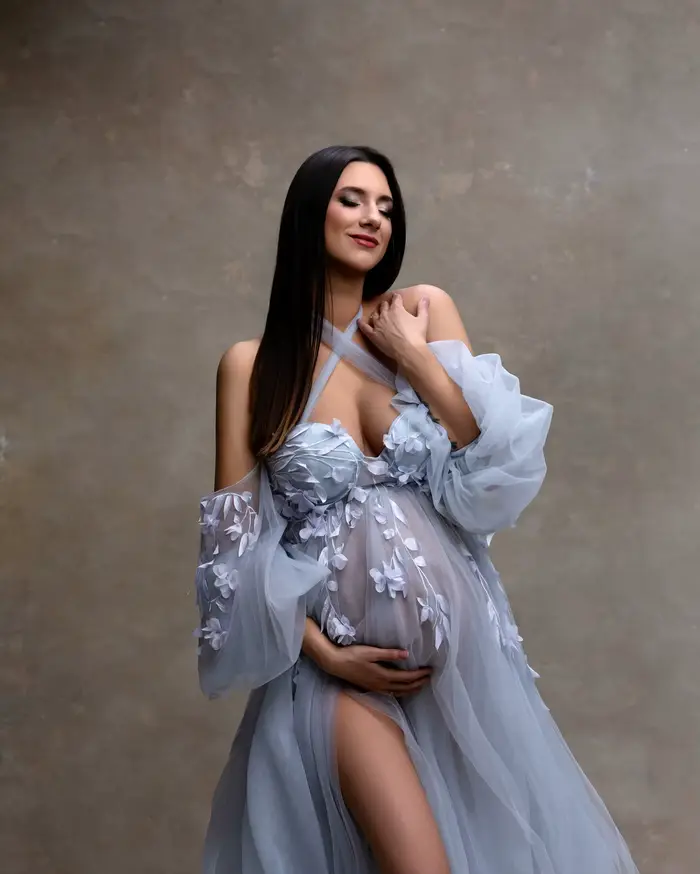 Fairy Blue Floral Matenity Dress Photoshoot Off Shoulder Illusion Soft Tulle Slit Maternity Dresses 
