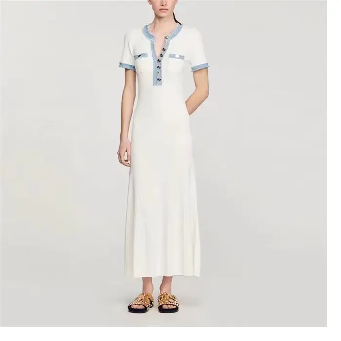 Robe Maxi en tricot pour femmes, élégante, contrastée, Chic, col rond, manches courtes, boutons méta