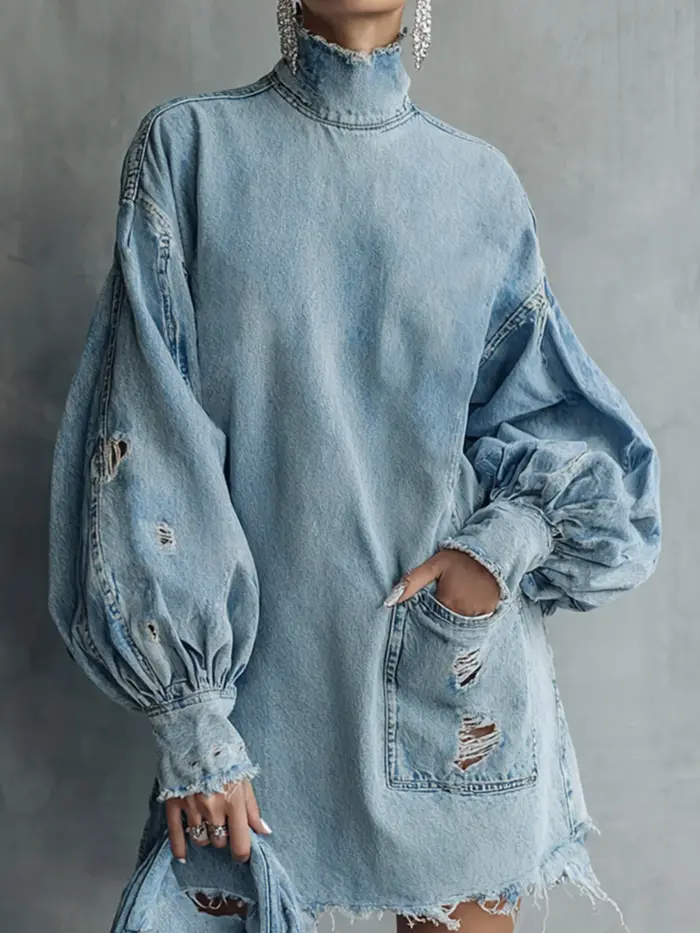 Robe Courte en Jean Rétro Tendance à Col Montant, Manches Lanterne, Poches et Détails Découpés, Coup