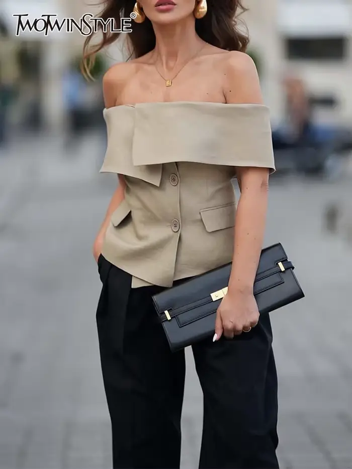 TWOTWurea YLE-Veste à Simple Boutonnage pour Femme, Patchwork Solide, Col Slash, Manches Courtes, Ma