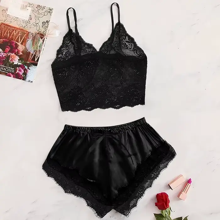 Pyjama Sexy en Dentelle Transparente pour Femme, Noir, Rose, Vêtements Mignons, Confortable, Respirant, Ensemble Short à Bretelles, Nouvelle Collection Été 2025, 2 Pièces