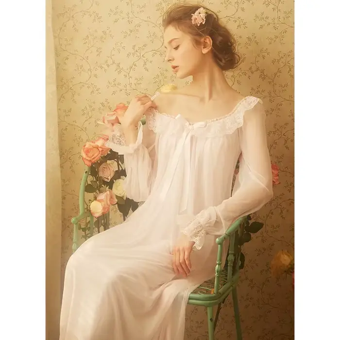 Fairy noční košile pro ženy, princezna noční prádlo, bílá krajka, župan, dlouhé, Lolita, Vintage viktoriánské, Kawaii