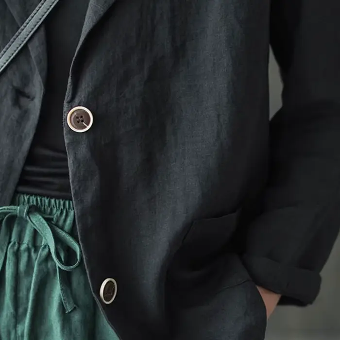 Blazer décontracté en coton et lin pour femmes, vestes fines pour dames, style vintage, solide, docu