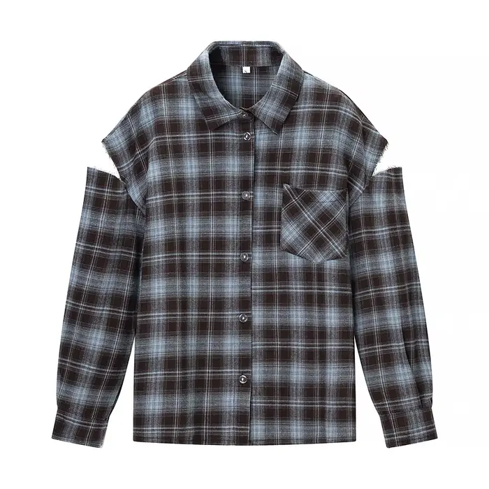 Chemise à motif à carreaux tendance pour femmes, élégante, col à revers, manches longues, simple bou
