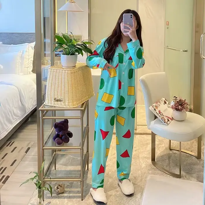Dvoudílné pyžamo pro pár, japonské modely, jaro a podzim, roztomilý kreslený, dlouhé rukávy, velká velikost, pohodlný oblek pro domácí