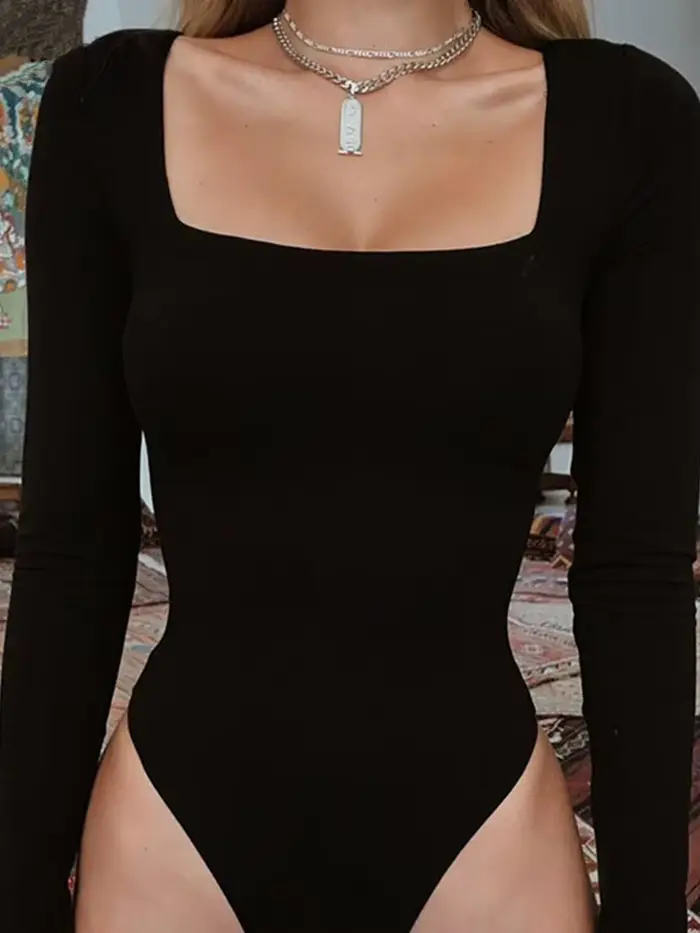 Dámské body s dlouhým rukávem, streetwear, přímé doručení, Sexy, těsný, čtvercový krk, pochva, rozkrok, základní černé kombinézy, top