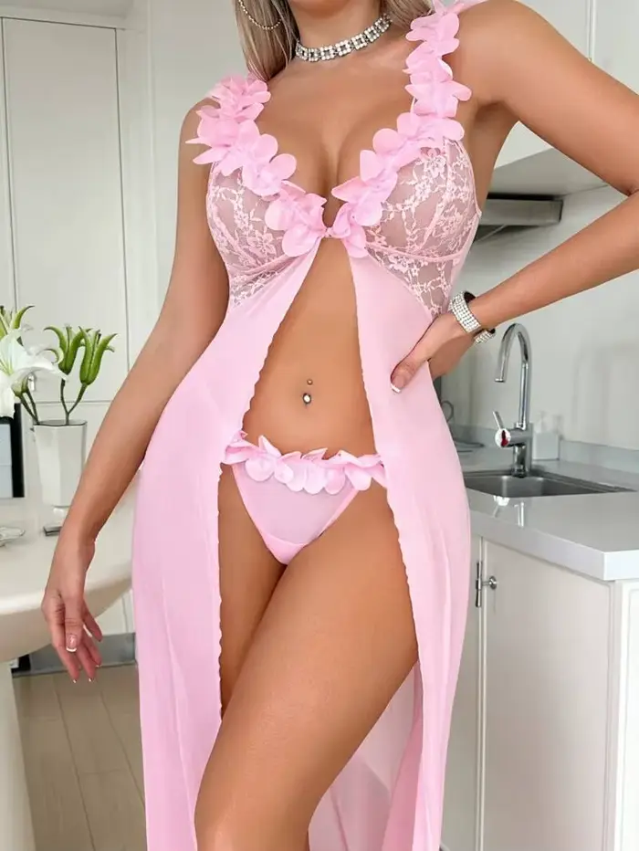 Pyjama Sexy pour femmes, garniture en dentelle fendue, Transparent, dos nu, bretelles en V profond, robe sans manches, pur désir charmant 0FE5