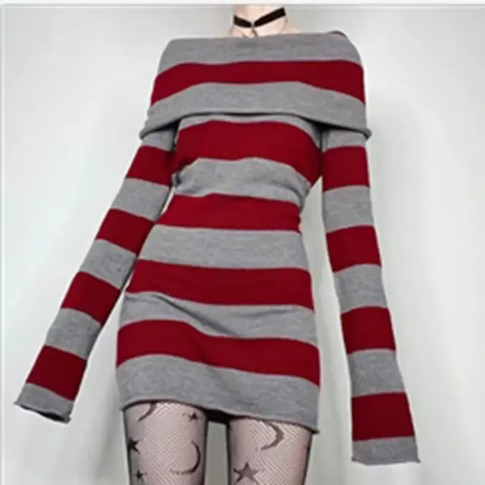 Mini robe moulante rayée pour femmes, col bateau, épaules dénudées, manches longues, courte, envelop