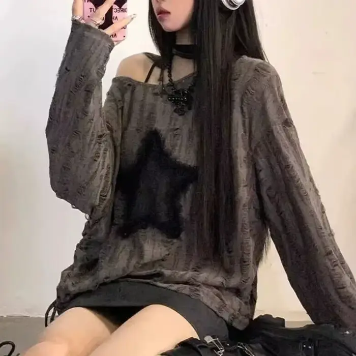 Y2K trou étoile imprimé T-Shirt femmes mode Streetwear épaules nues hauts été surdimensionné Kpop à