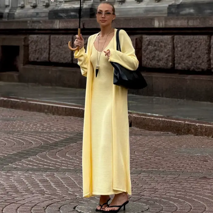 Tuularose Dámské dvoudílné dlouhé šaty pevný pletený Spaghetti ramínka