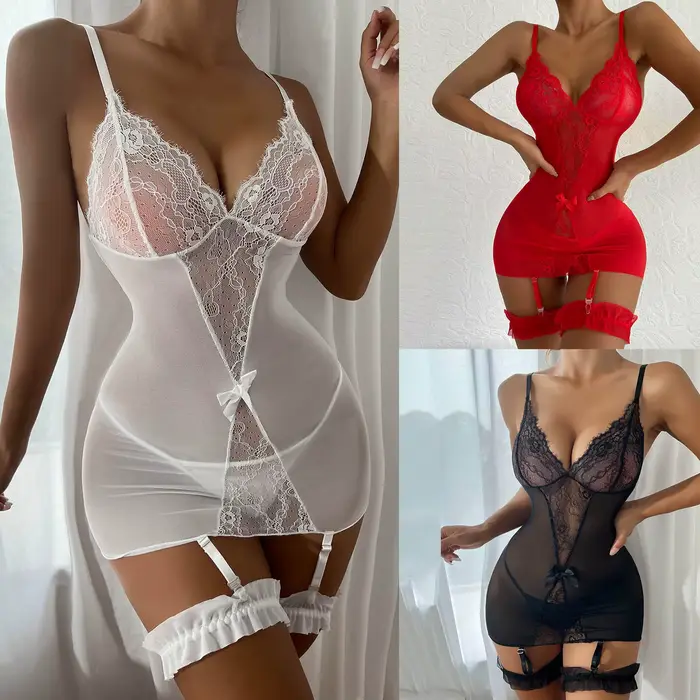 Dames Lingerie vêtements de nuit Sexy femmes dentelle nuisette robe nuisette sous-vêtements porte-jarretelles maille Sexy Costume vêtements de nuit