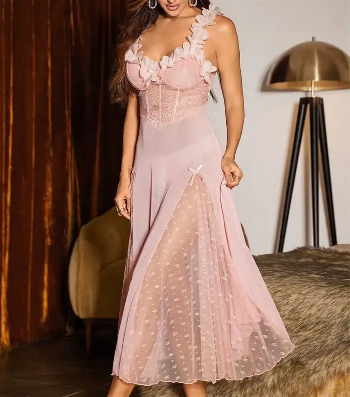 Robe de nuit femme à bretelles, en maille à pois, avec nœud féerique, longue, style pyjama, à pétales, col en V, dos nu, sexy