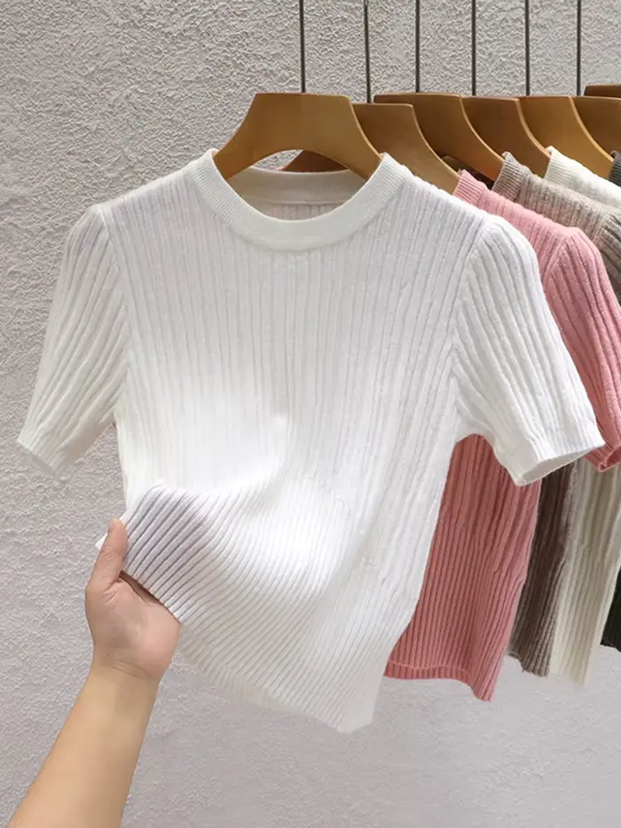 T-shirts d'été 2026 pour femmes – Décontractés, style coréen, tricotés, streetwear, basiques, unis, 
