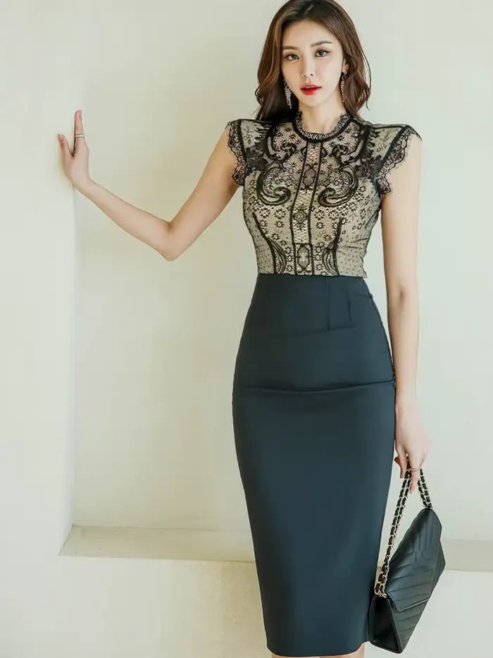 Robe en dentelle noire pour femme, tenue de bureau élégante, version coréenne, col montant, taille h