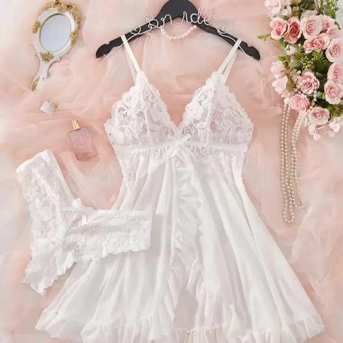 Ensemble de lingerie sexy pour femme, comprenant un soutien-gorge érotique, une chemise de nuit en dentelle sexy, des robes de nuit et des robes douces et ajustées de couleur unie à col en V, style nu