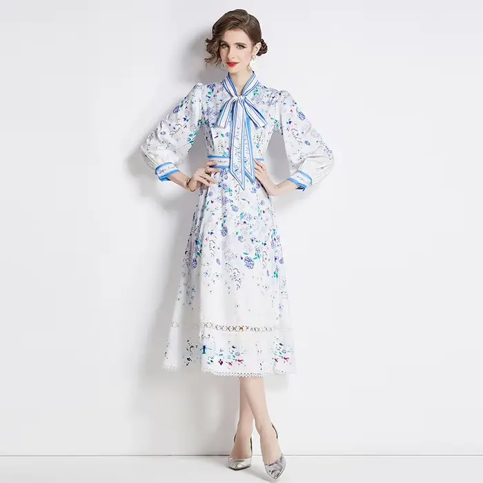 Robe imprimée à manches longues pour femmes, col rond, nœud papillon, taille amincissante, longueur