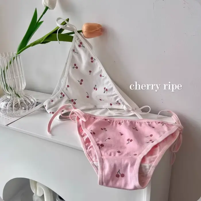 Lolita – Cherry vzorované bavlněné kalhotky pro ženy, sexy spodní prádlo, bílá, růžová, ramínko krajka-up, měkké, nízký pas, Anime, družičky žabky