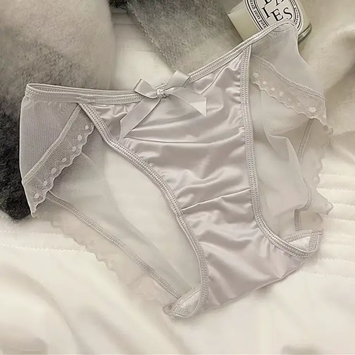 Dámské trojúhelníkové kalhotky s mašle Roztomilý, Sexy francouzská krajka, luxusní textura, prodyšný satén, síťovina, bavlna Inseam