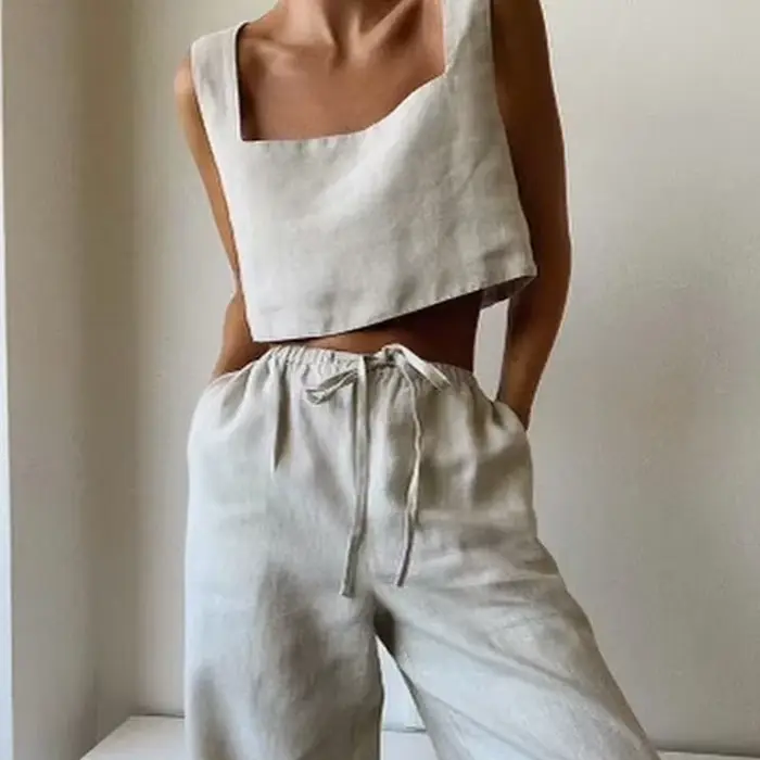 Haut court 100 % lin blanc, col carré vintage, sans manches, style streetwear, vert, collection été