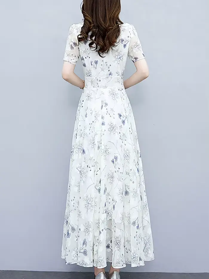 Robe longue à fleurs blanches, style boho décontracté, tenue de plage, vacances, manches courtes, él