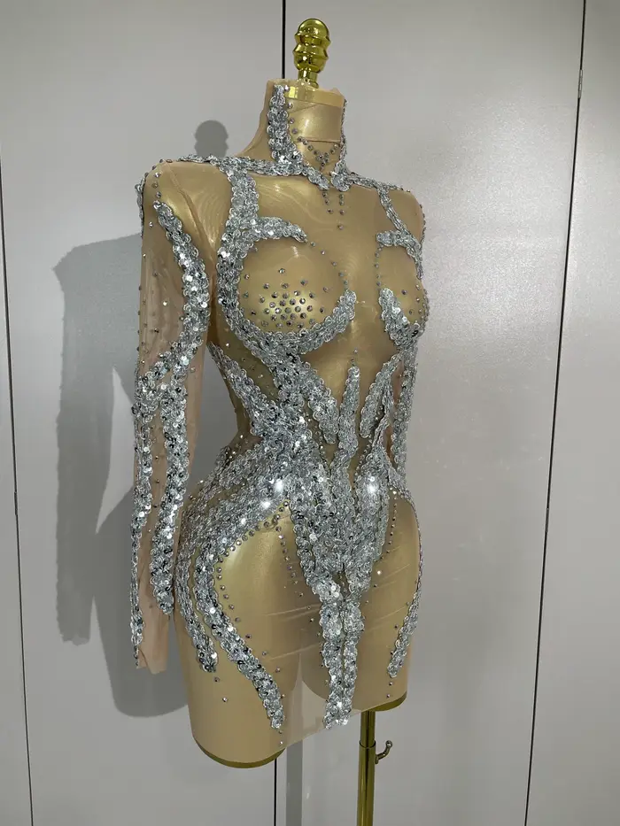 STOCK strass scintillants Sexy maille transparente Mini robe réveillon fête d'anniversaire danse dis