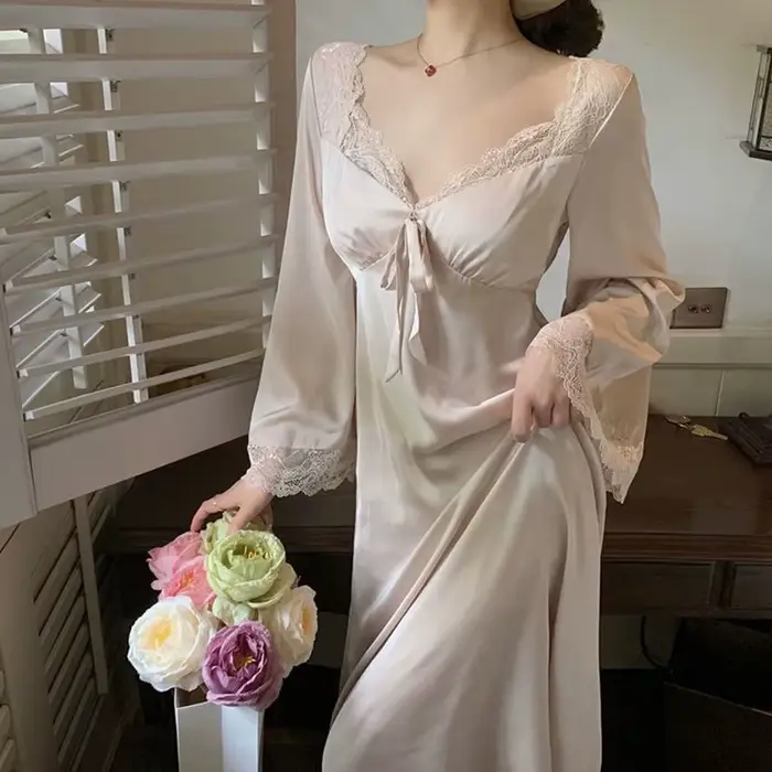 V-Neck krajka dlouhá noční košile pro ženy, sexy noční košile, noční košile palácového stylu, noční košile princezny, saténové šaty, nové
