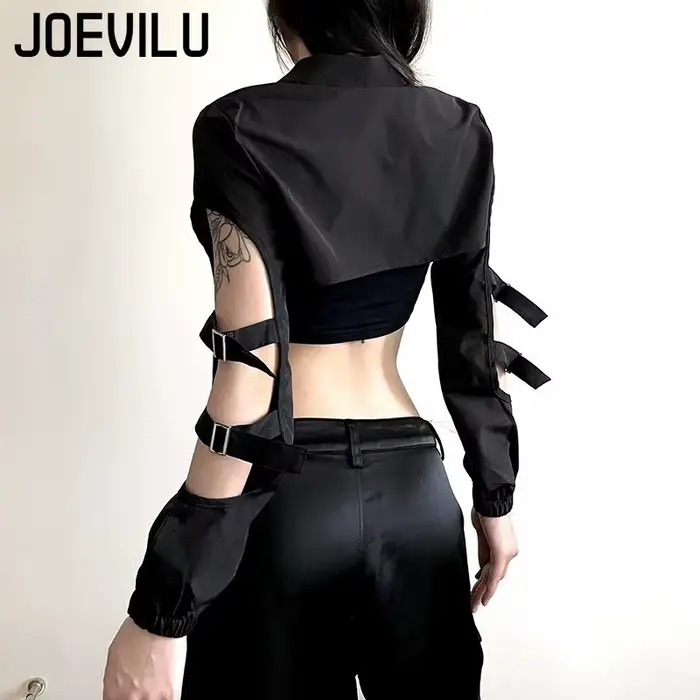 JOEVILU Femmes Cyberpunk Goth Harajuku Récolte Hauts Manches Longues Évider Fermeture Éclair T-shirt