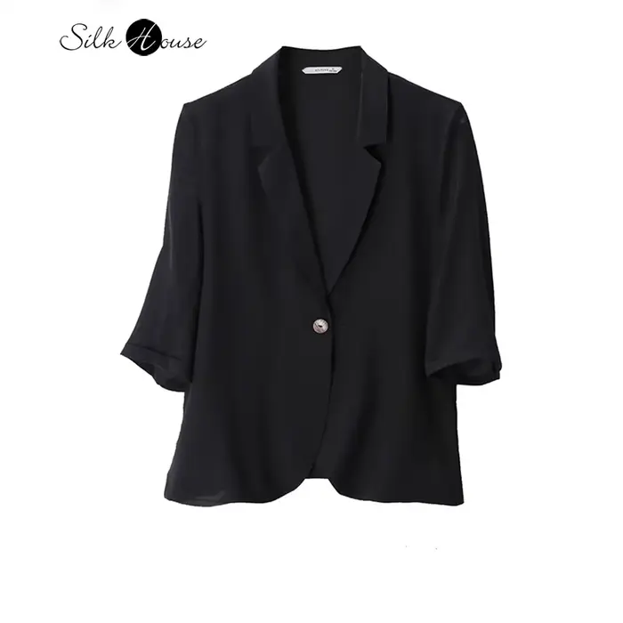 Crêpe de Chine lavée au mûrier pour femme, manches trois quarts, bouton unique, mince trempé, noir, 