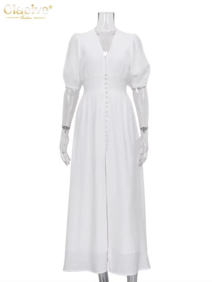 Clacive blanc Sexy simple boutonnage femmes robe 2022 élégant à manches courtes col en v robes de so