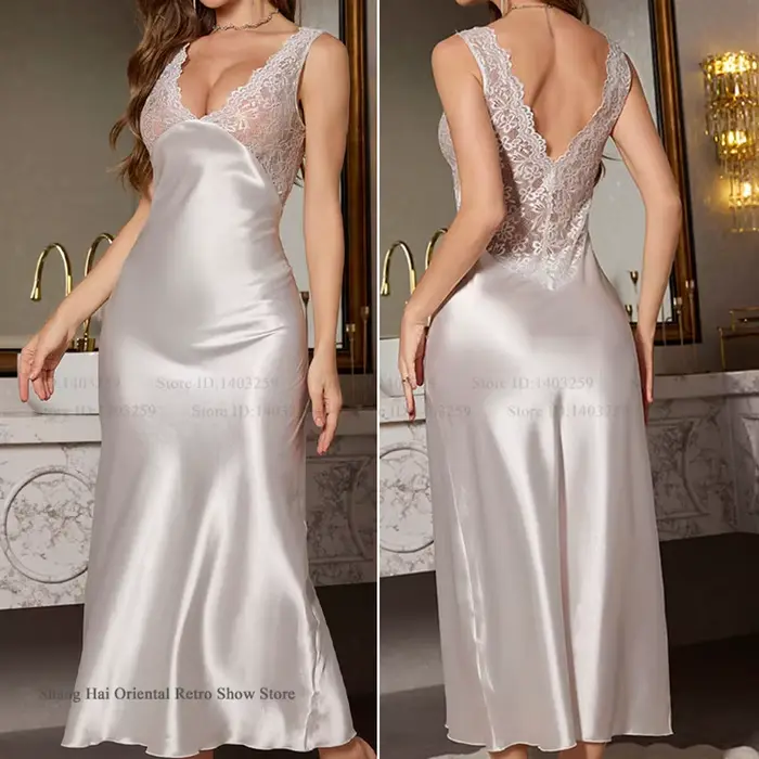 Elegantní dlouhá noční košile, domácí oblečení, nová kolekce, dámské oblečení na spaní, sexy krajková noční košile, perspektivní, saténové relaxační oblečení, spodní prádlo