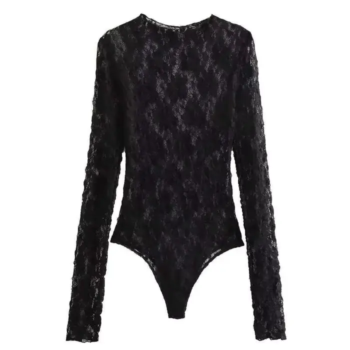 Dámské krajkové body, černé, vystřihnout, kolem krku, dlouhé rukávy, vysoký spandex, sexy spodní prádlo pro tenké ženy, L5QW