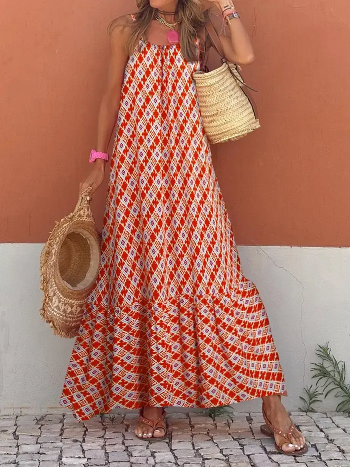 Robe longue style Boho pour femmes, sans manches, ample, imprimée, bretelles Spaghetti, robes fluide