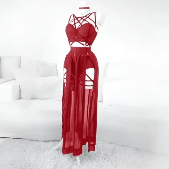 Ensemble de lingerie 3 pièces sexy pour femme, style gothique, érotique, Emo, Alt Punk, avec haut court dos nu en maille transparente et jupe taille haute