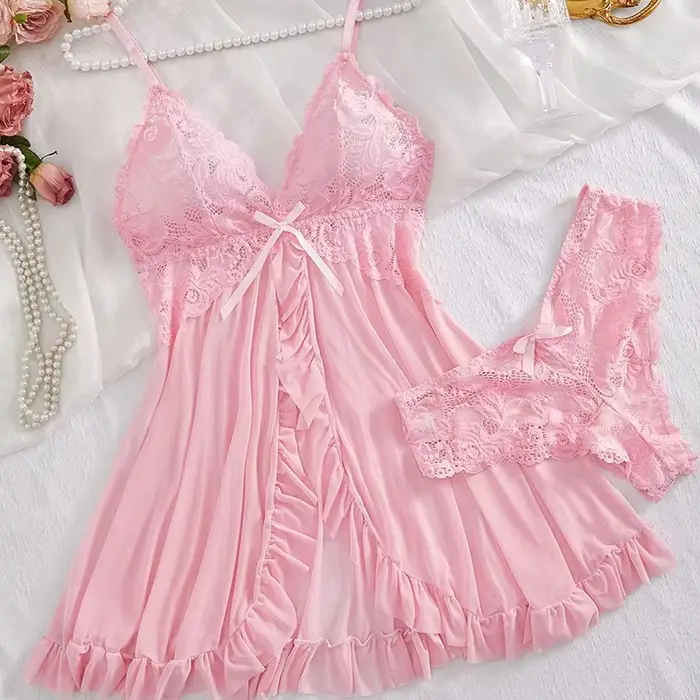 Růžová průhledný Sexy spodní prádlo Dámské kalhotky Vidět přes noční prádlo Krajka V-Neck Noční košile a tanga Sady Dámské spodní prádlo slipy