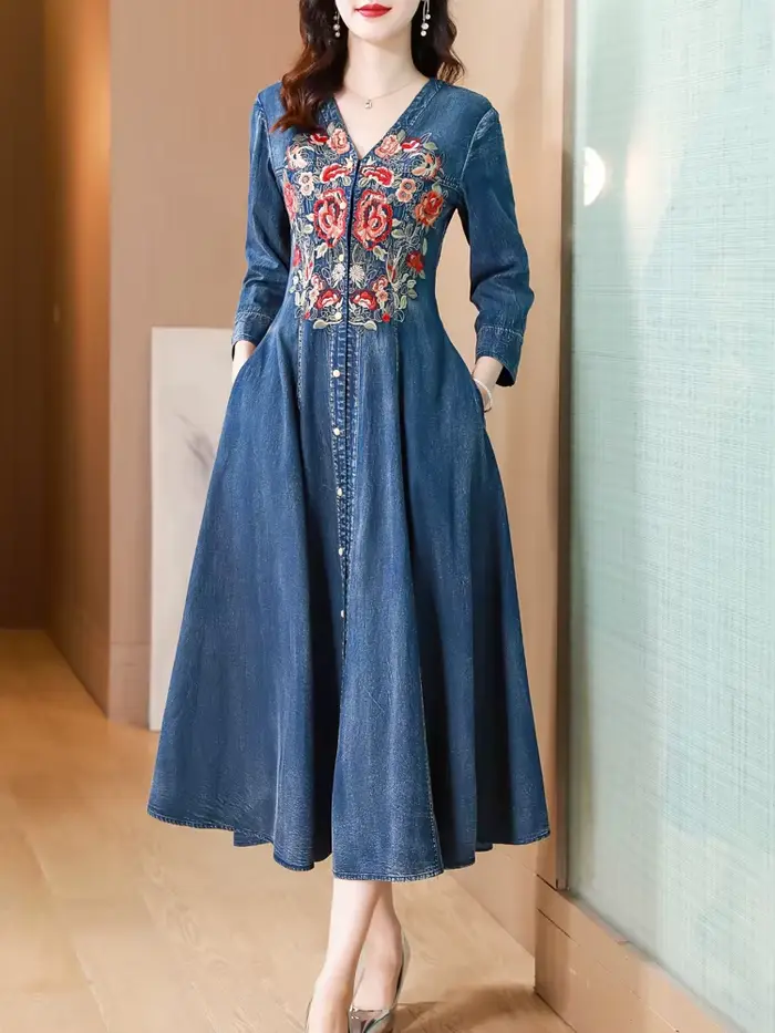 TIYIHAILEY-robe longue en jean mi-mollet à simple boutonnage pour femmes, robe brodée de Style chino