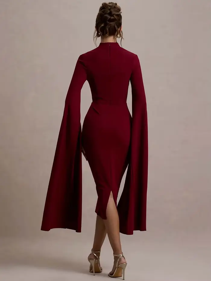 Mozision Cape à manches longues Sexy robe mi-longue pour les femmes automne hiver nouveau col carré 